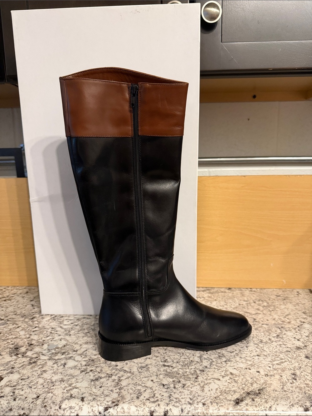 New in box. Saks fifth Avenue Kensington riding boot in black with brown trim - Picture 2 of 6